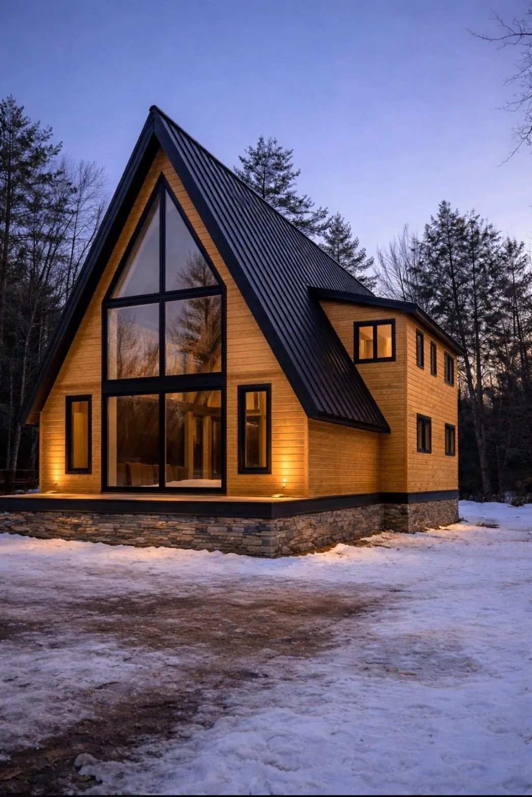 A-frame home with a black standing seam roof at dusk