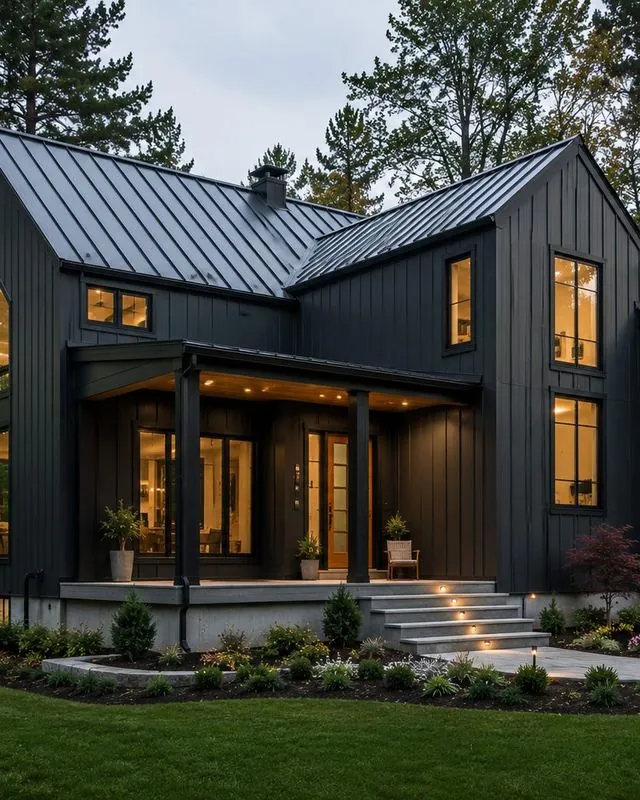 Black board-and-batten farmhouse with a standing seam roof at dusk
