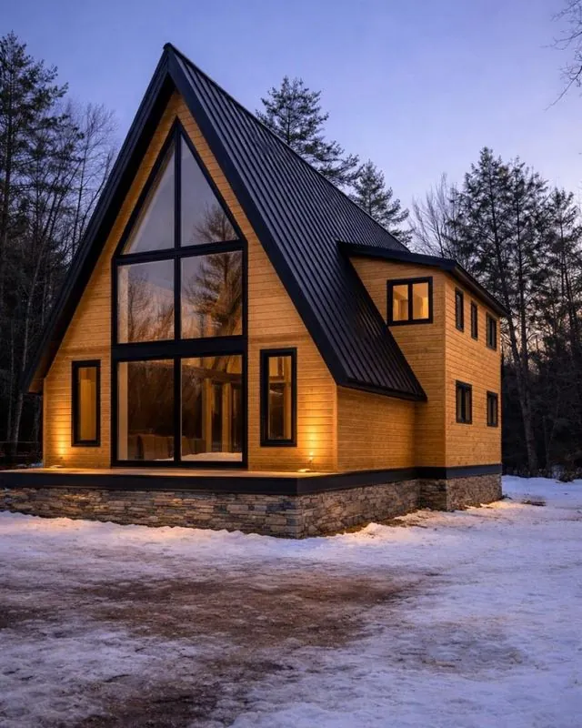 A-frame home with a black standing seam roof in the snow
