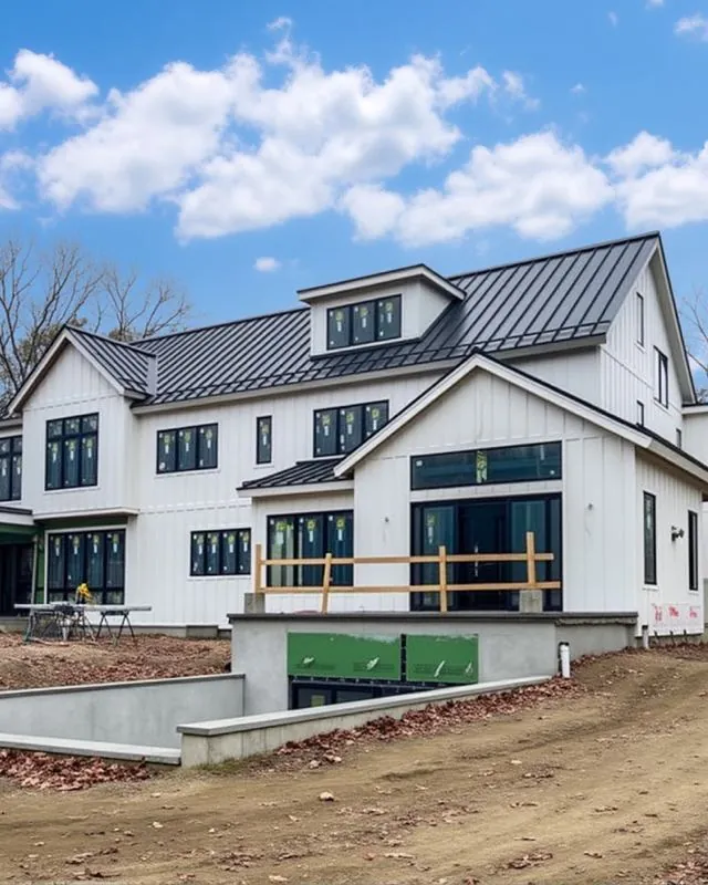 White farmhouse with a standing seam roof