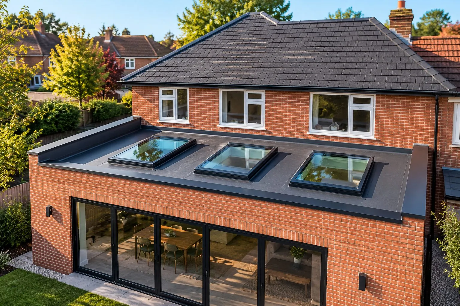 Three new flat-roof skylights on a rear brick extension