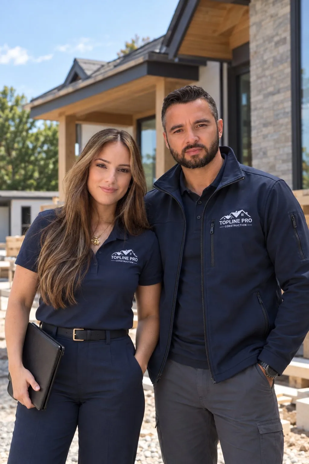 Miriam and Marcos Oliveira, owners of TopLine Pro Construction, in front of a home they built