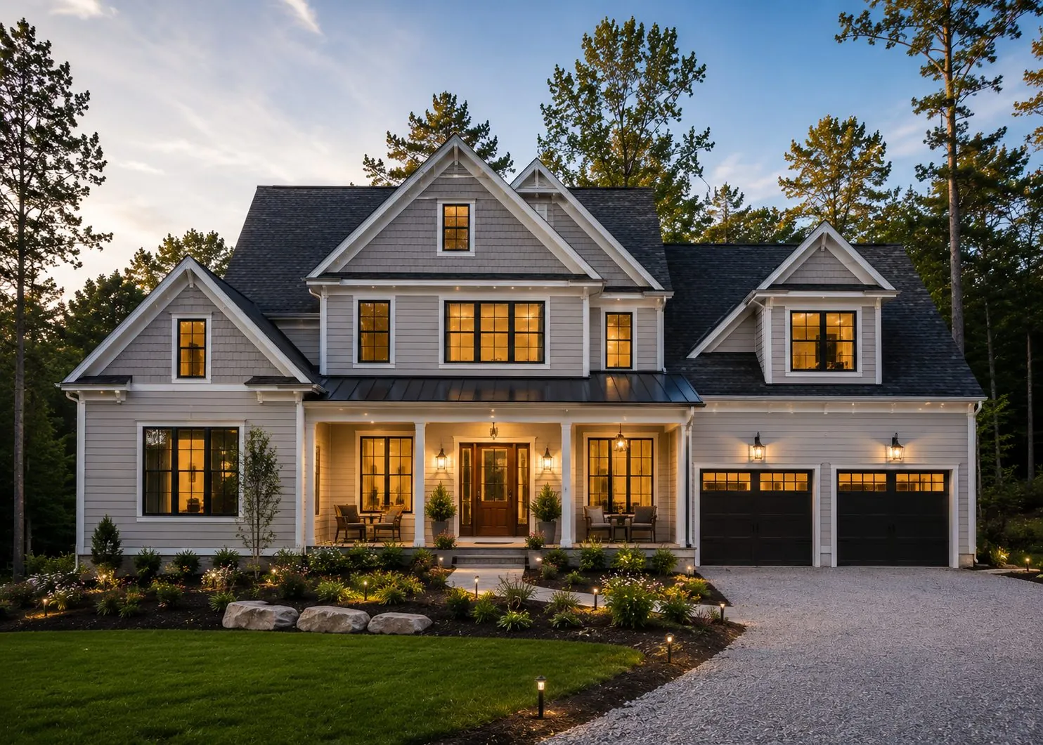 Gray clapboard siding on a two-story home with a covered porch and garage